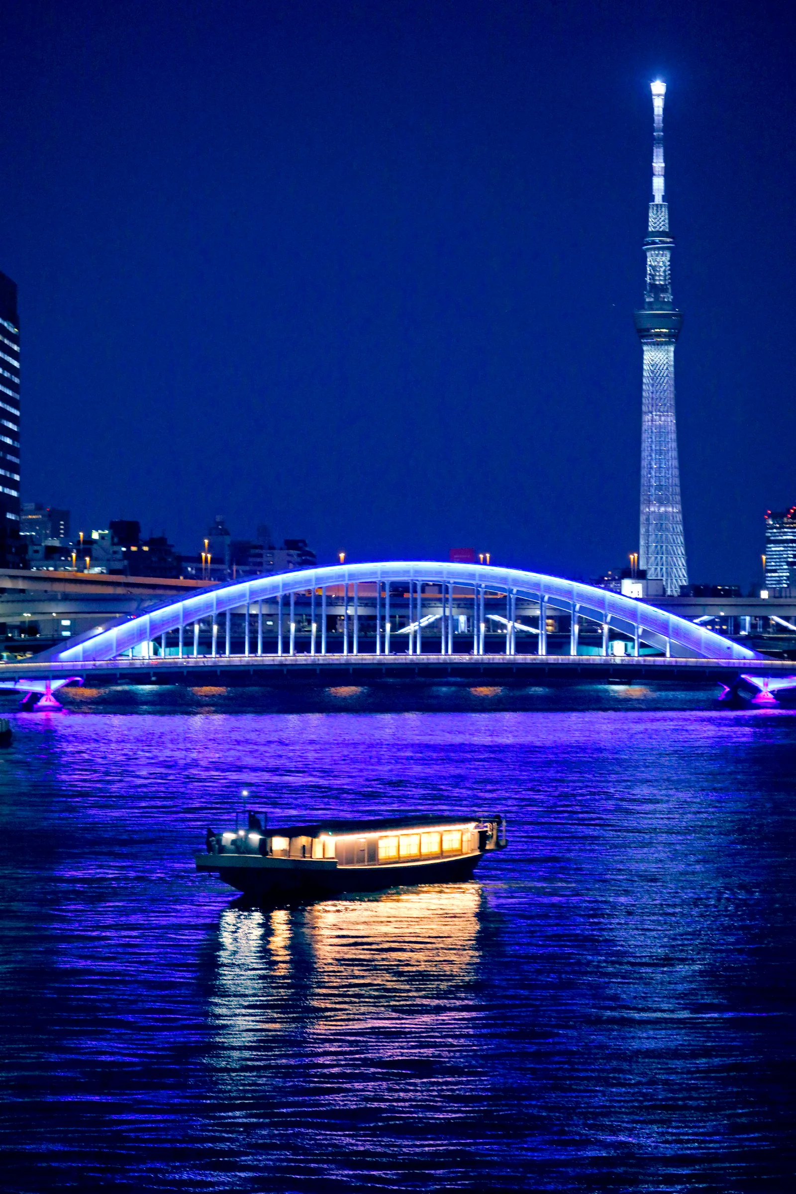 夜の水辺を進む鮨 おりがみの船外観